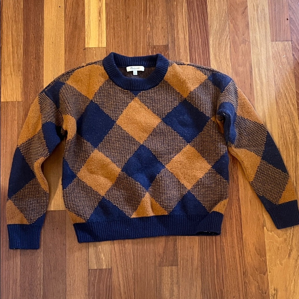 Madewell Navy Blue and Camel Argyle Crewneck Sweater